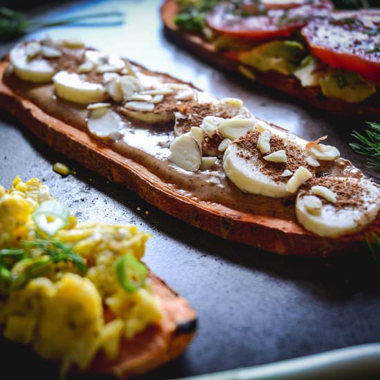 sweet potato toast 3 ways - Recipe photo by calm eats