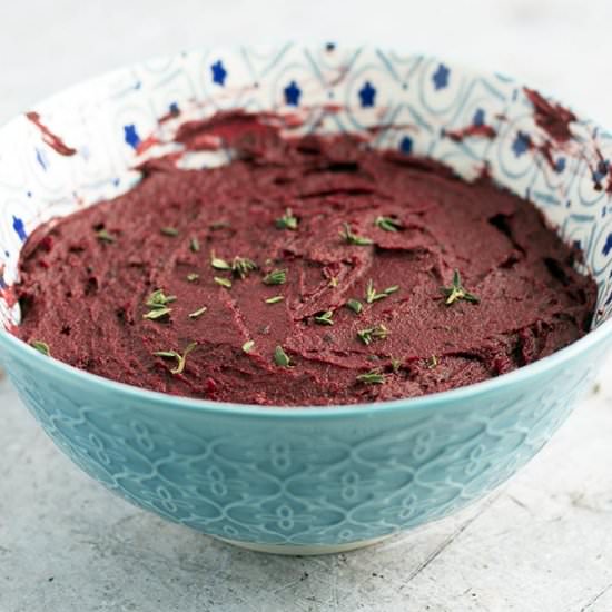 Roasted beetroot hummus dip - Recipe photo by Mandy Sneaky Veg