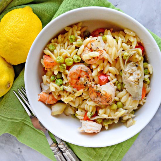 One Pan Lemon Artichoke & Shrimp Orzo - Recipe photo by FoodFanatical