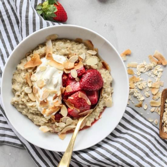 Roasted Strawberry + Cream Oatmeal - Recipe photo by pumpkinandpb