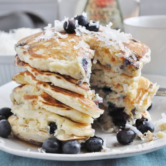 Blueberry Coconut Pancakes - Recipe photo by honeywhatscooking
