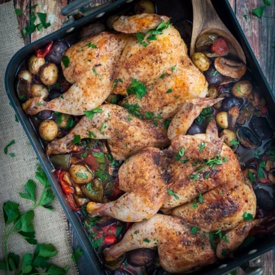 Butterflied roast chicken on veg - Recipe photo by photosandfood
