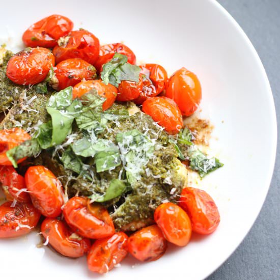 Pesto Chicken w/ Balsamic Tomatoes - Recipe photo by GrabSomeJoy
