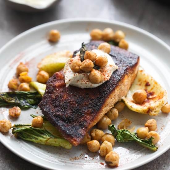 Blackened Salmon with Tahini Sauce - Recipe photo by cookingforkeeps