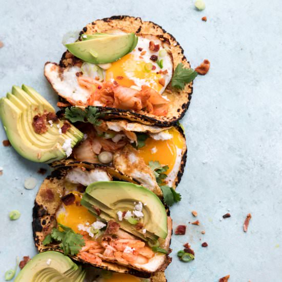 Bacon, Egg, and Kimchi Tacos - Recipe photo by Spices in my DNA