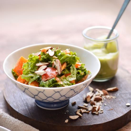 Kale salad with Avocado dressing - Recipe photo by Kurryleaves