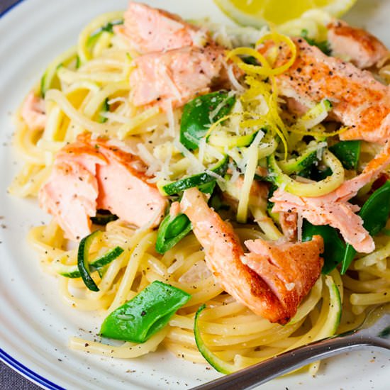 Pan Fried Salmon with Spaghetti - Recipe photo by KitchenSanctuary