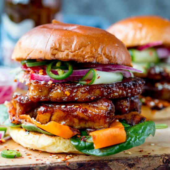 Sticky Belly Pork Burger - Recipe photo by KitchenSanctuary