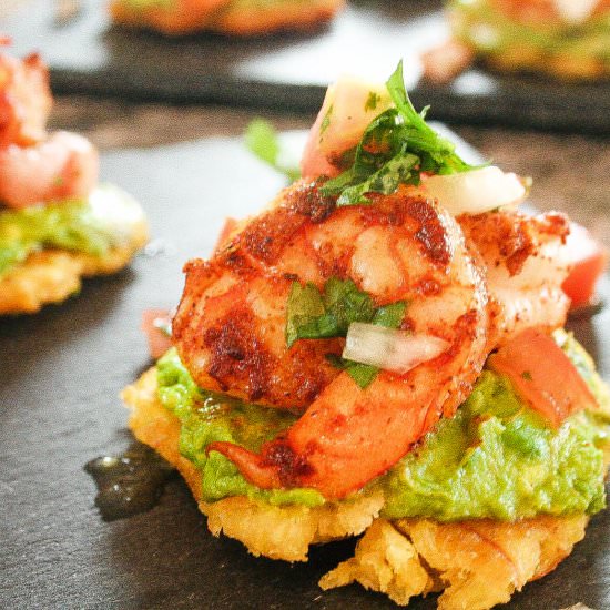 Blackened Shrimp & Avocado Tostones - Recipe photo by More Than You Can Chew