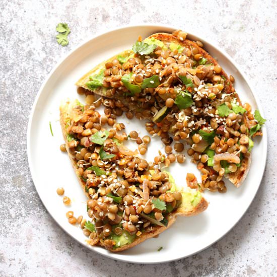 Ginger Coriander Sprouted Lentils Toast - Recipe photo by richa