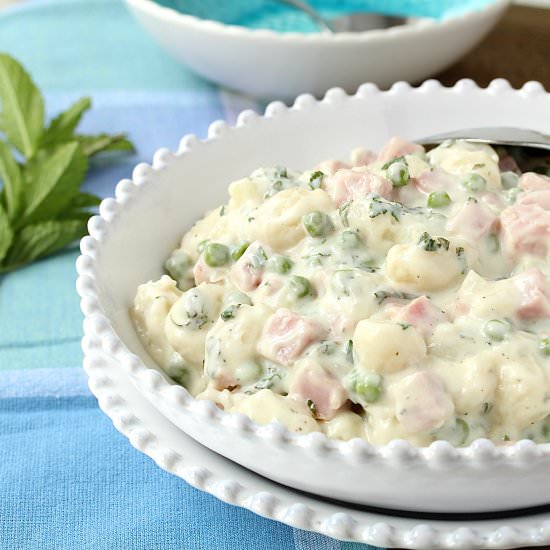ONE SKILLET HAM AND PEAS GNOCCHI - Recipe photo by In Good Flavor