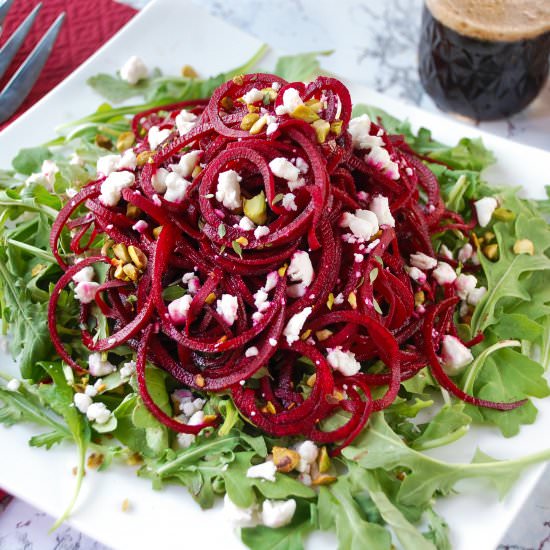 Maple Balsamic Beet Noodle Salad - Recipe photo by mealsheelsandcocktails