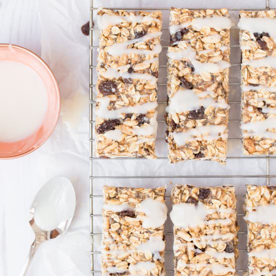 Iced Oatmeal Raisin Granola Bars - Recipe photo by heartandstove