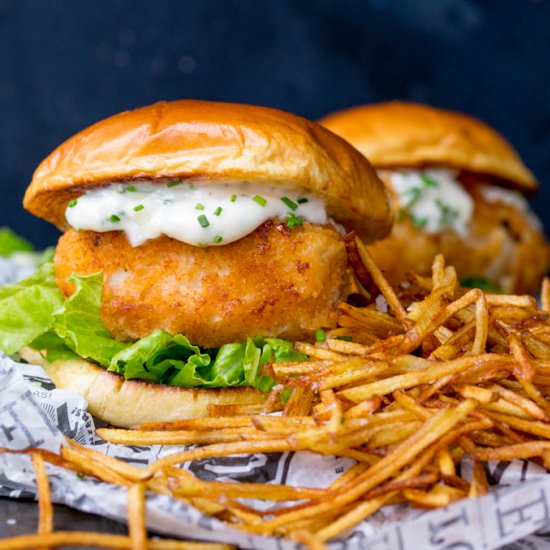 Fish burger with shoestring fries - Recipe photo by KitchenSanctuary