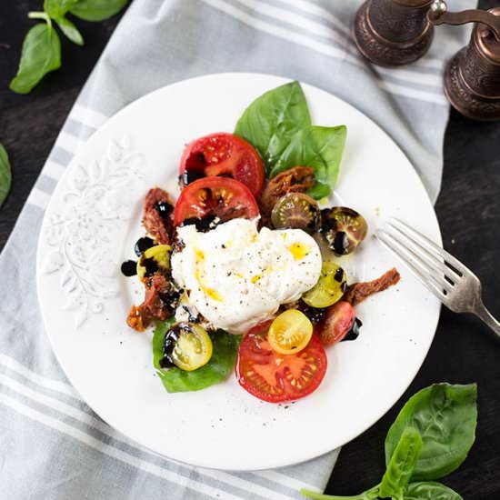 Triple Tomato Burrata Salad - Recipe photo by Kiwi and Carrot