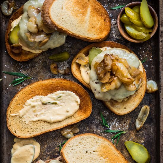 Oka Patty Melt w Braised Onions - Recipe photo by rhubarbandcod
