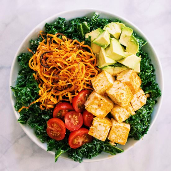 Buffalo Tofu Kale Salad - Recipe photo by kalememaybe