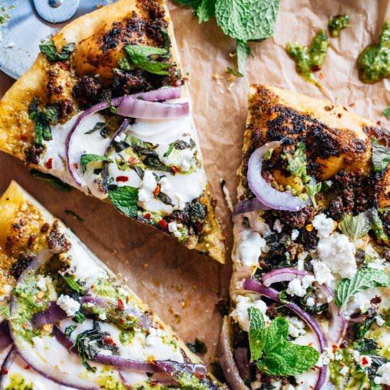 lamb, pesto, burrata & mint pizza - Recipe photo by quinns place