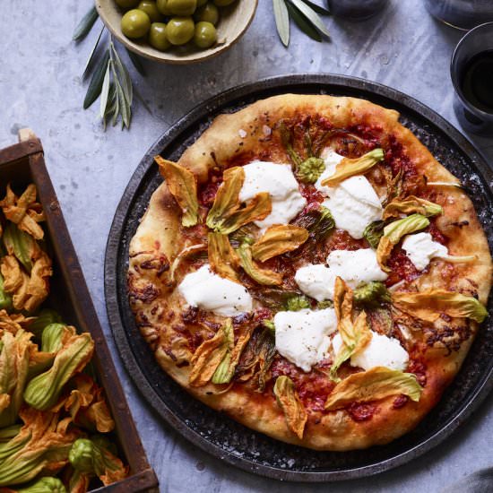 Squash Blossom Pizza - Recipe photo by gdalkin