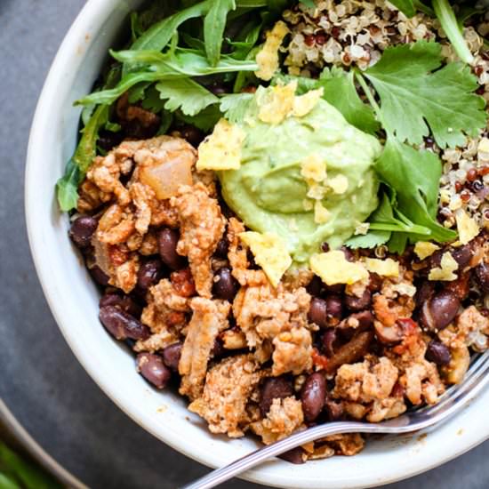 Spicy Turkey Taco Quinoa Bowls - Recipe photo by rootsandradishes