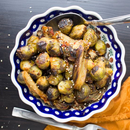 Kimchi and Bacon Brussels Sprouts - Recipe photo by The Hungary Buddha