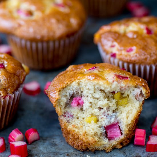 Rhubarb Marzipan Muffins - Recipe photo by KitchenSanctuary