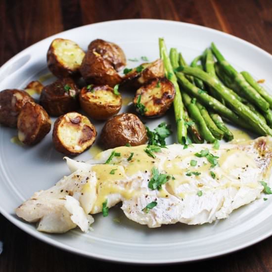 Sheet Pan Fish & Brown Butter Sauce - Recipe photo by Our Happy Mess