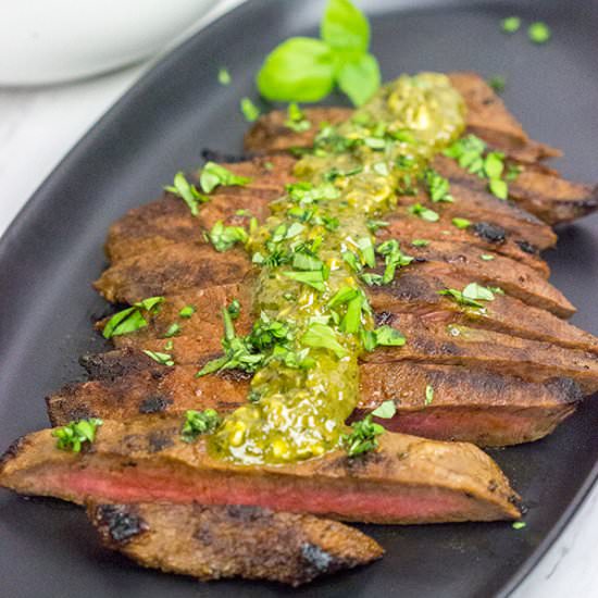 Flat Iron Steak with Pesto Butter - Recipe photo by spicedblog