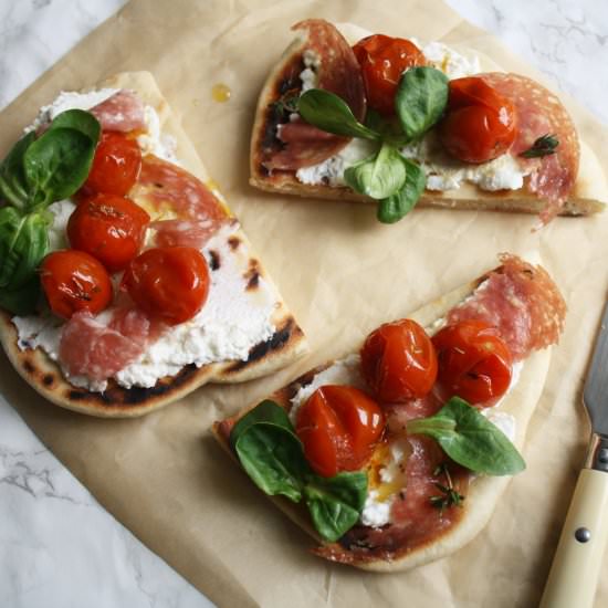 Salami,ricotta and tomato flatbread - Recipe photo by wishtodish