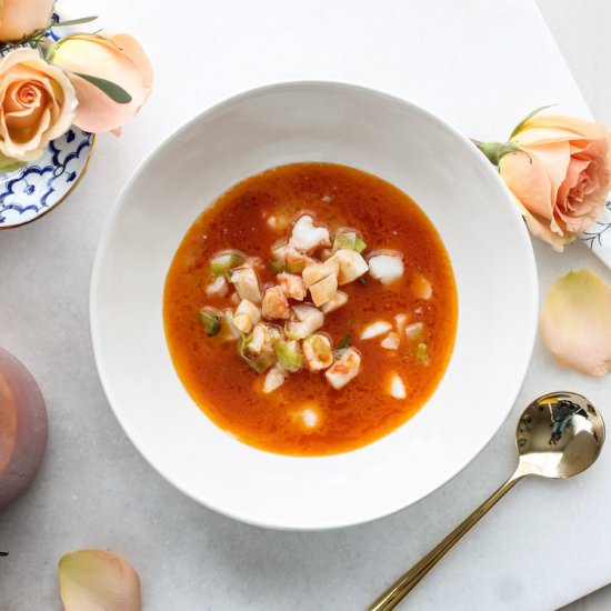 Scallops & Shrimp with Tomato Broth - Recipe photo by pedanticfoodie
