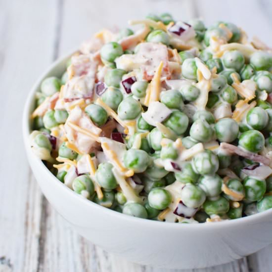 Creamy Pea Salad with Bacon - Recipe photo by SaltySideDish