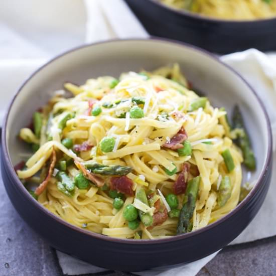 Spring Carbonara with Prosciutto - Recipe photo by cookingforkeeps