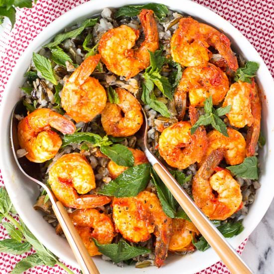 WILD RICE SALAD WITH HARISSA SHRIMP - Recipe photo by ACleanBake