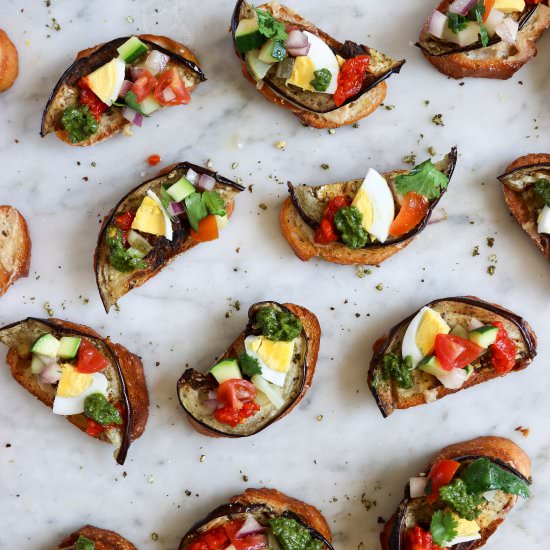 Sabich Crostini - Recipe photo by WhatJewWannaEat