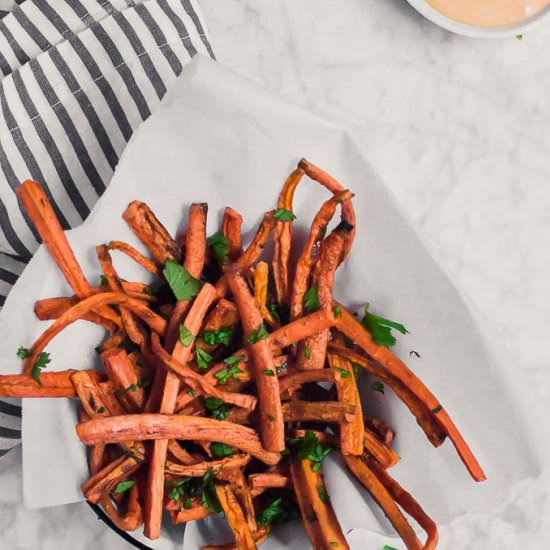 Baked Carrot Fries with Sriracha - Recipe photo by adashofmegnut