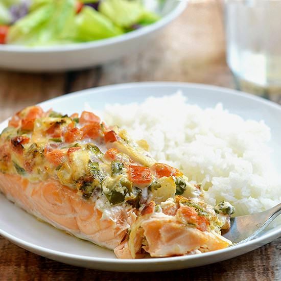 Salmon with Salsa Mayo Topping - Recipe photo by onionringsandthings