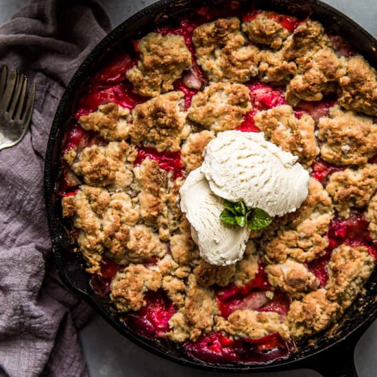 Strawberry Rhubarb Skillet Cobbler - Recipe photo by platingsandpairings
