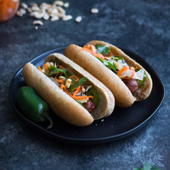 Bahn Mi Hot Dogs with Hoisin Sauce - Recipe photo by wyldflour