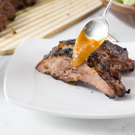 Sweet & Spicy Peach Bourbon Ribs - Recipe photo by Ethnic Spoon