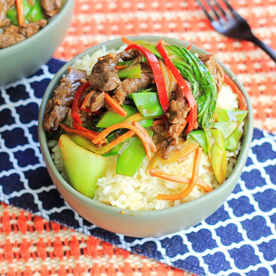 beef and veggie stir-fry - Recipe photo by tastesspicy