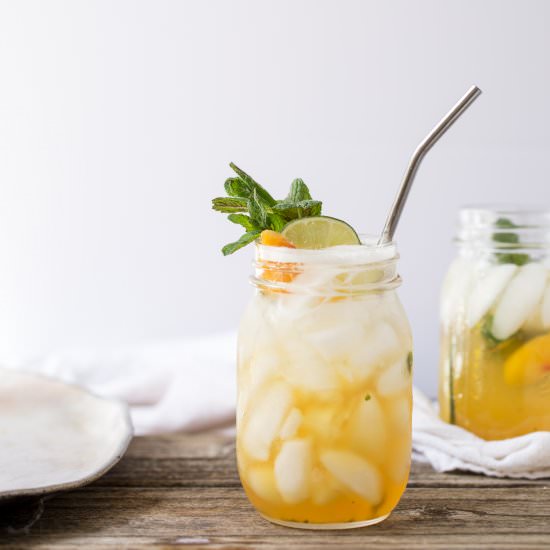 Peach Tea Bourbon Smash - Recipe photo by ONEarmedMAMA