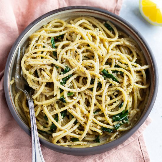 Cacio e Pepe with Ramps & Lemon - Recipe photo by eatlovenamaste