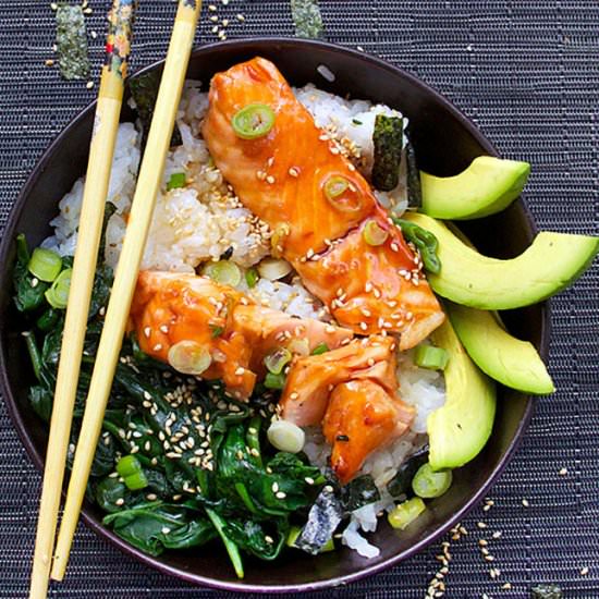 Teriyaki Salmon Rice Bowl - Recipe photo by panning the globe