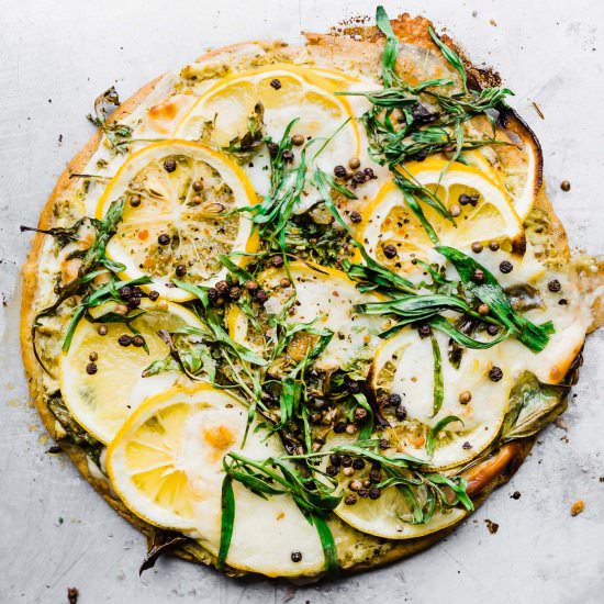 LEMON HERB SOCCA PIZZA - Recipe photo by Cotter Crunch