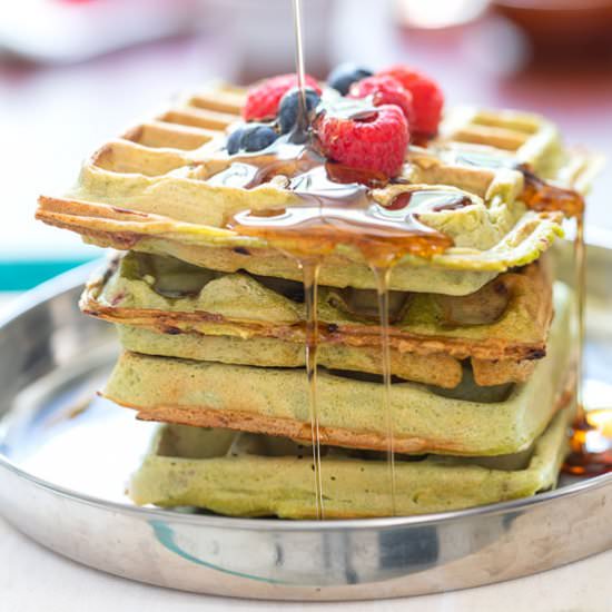 Vegan Waffles with Kale, Raspberry - Recipe photo by healingtomato