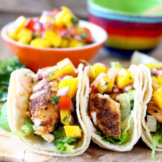 Blackened Fish Tacos w/ Mango Salsa - Recipe photo by Lemon blossoms