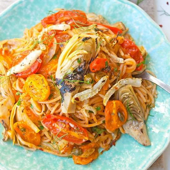 Spaghetti with Roasted Tomatoes - Recipe photo by brightrootskitchen