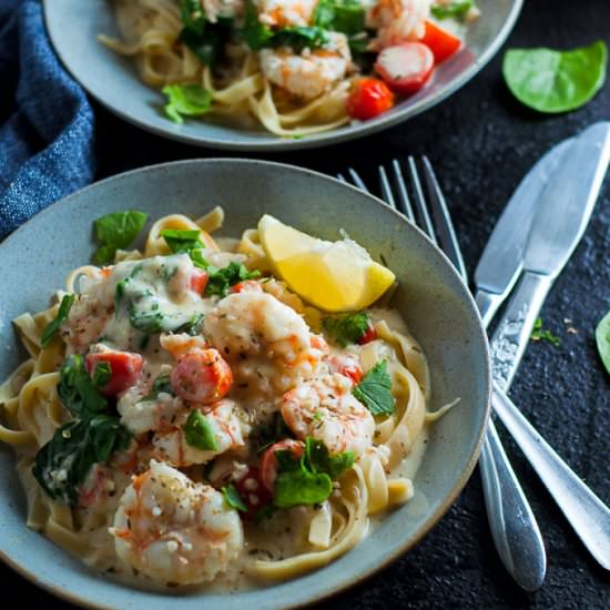 Creamy Garlic Prawn Fettucine - Recipe photo by MySugarFreeKitchen