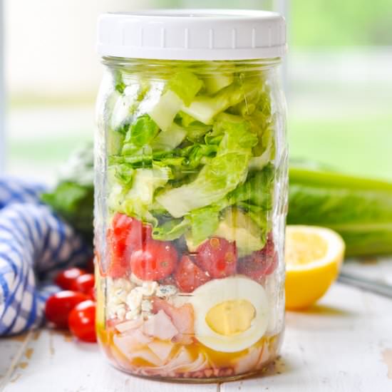 Mason Jar Turkey Cobb Salads - Recipe photo by The Seasoned Mom