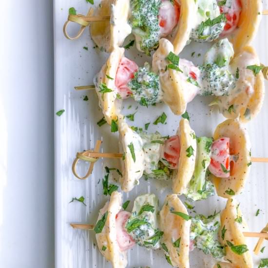 Creamy Herb Pasta Salad Skewers - Recipe photo by BiteSizedKitchen